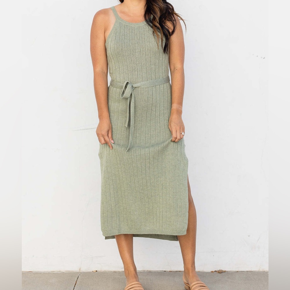 Promesa Sage Ribbed Midi Dress with Waist Tie
